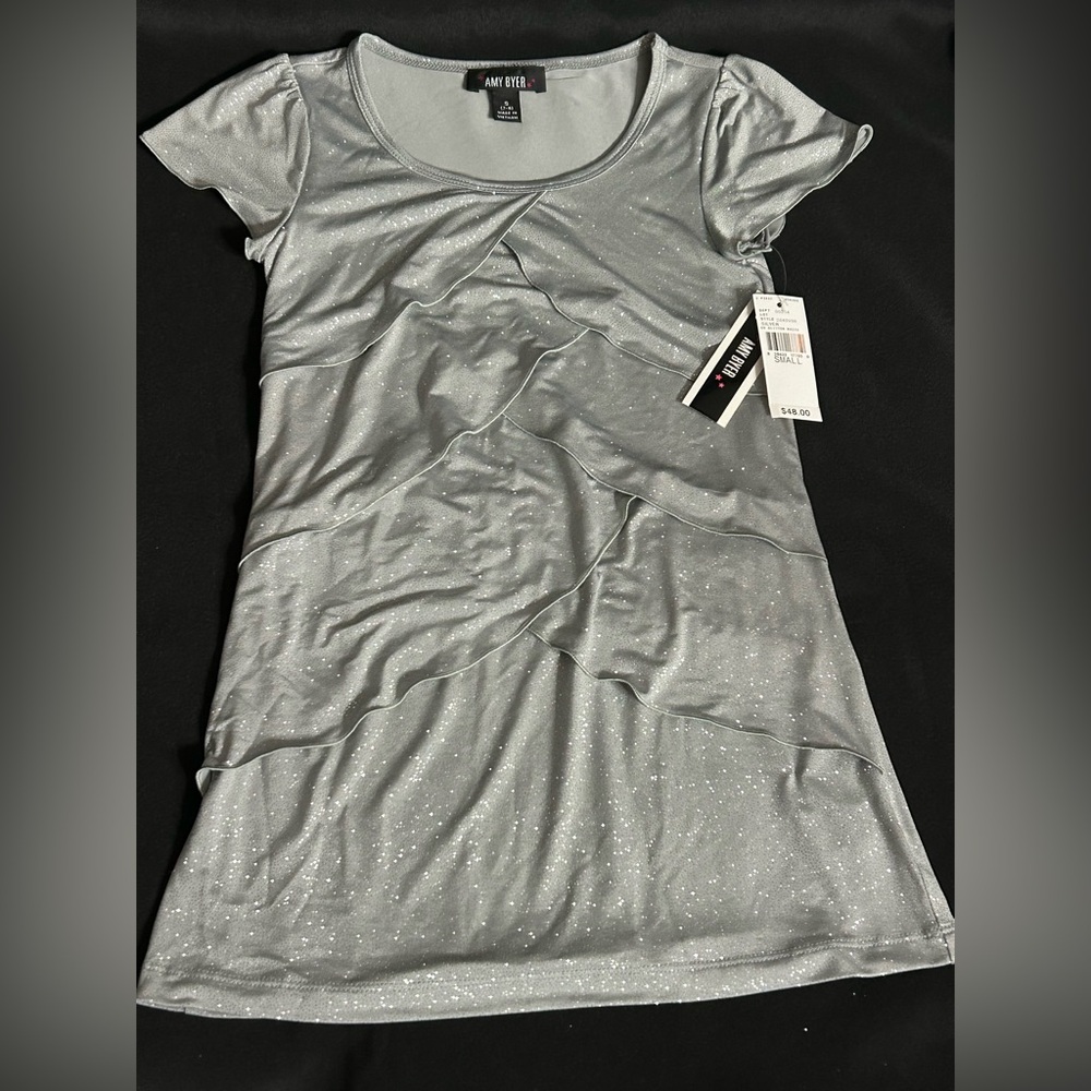Amy Byer Girls Silver Sparkle Glitter Short Sleeve Layered Ruffle Tunic SM NWT
